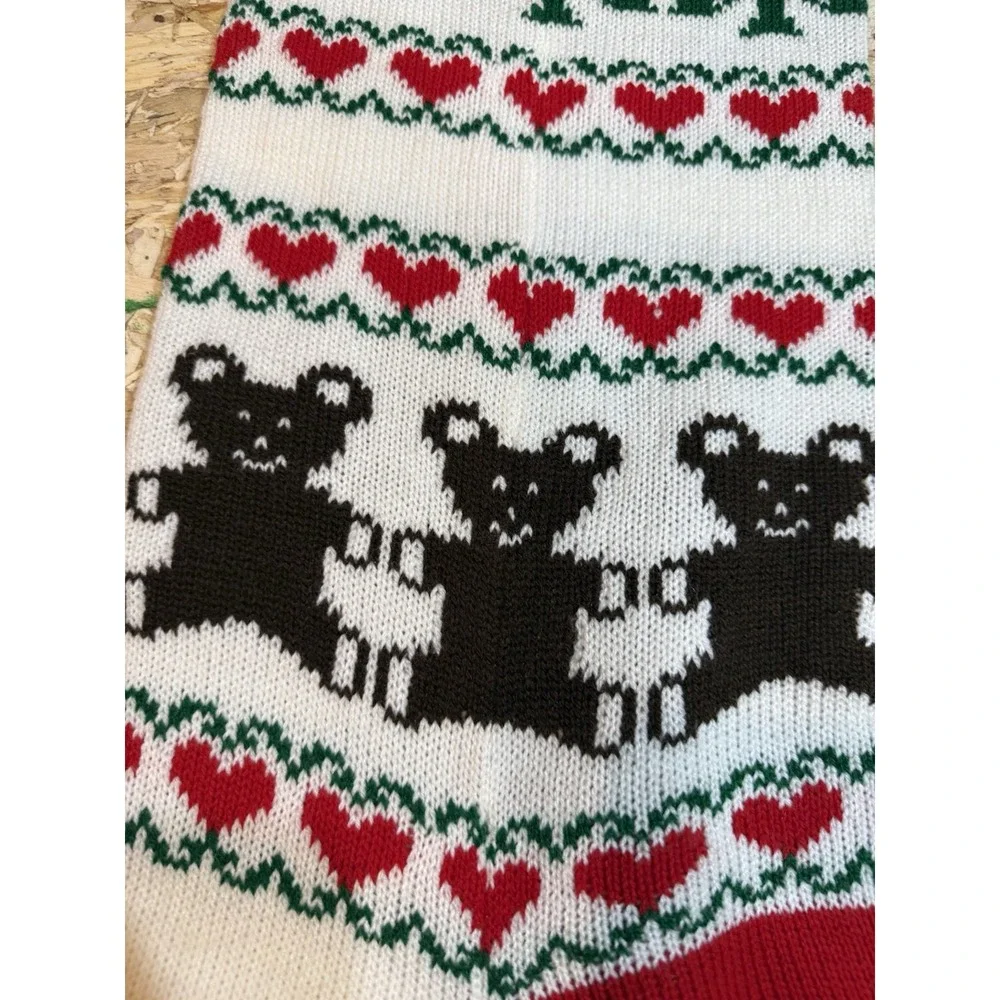 Vintage‎ Christmas Knit Stocking With Pom Poms Bears And Trees 36